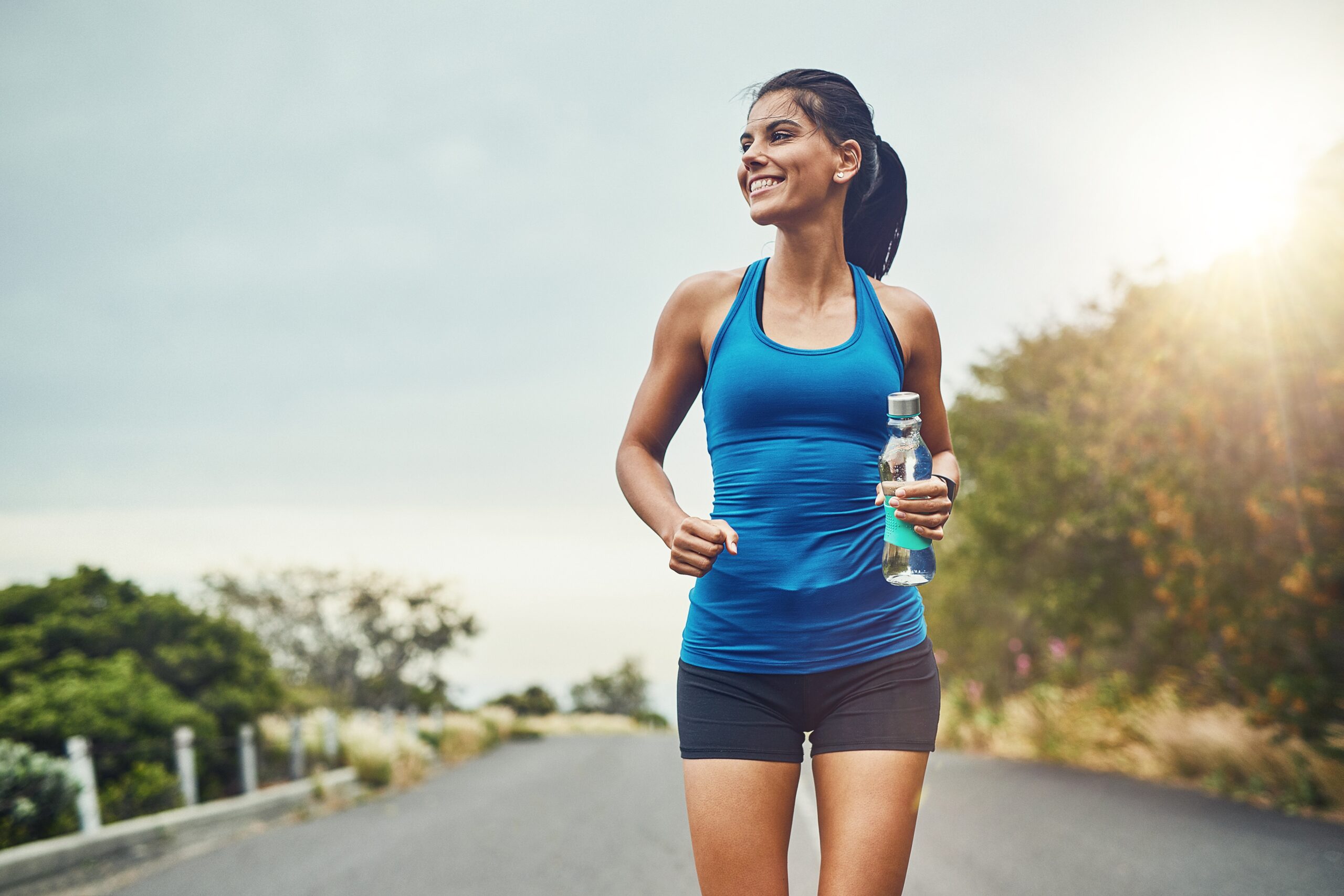 Thinking,,Runner,Or,Happy,Woman,Drinking,Water,On,Break,To